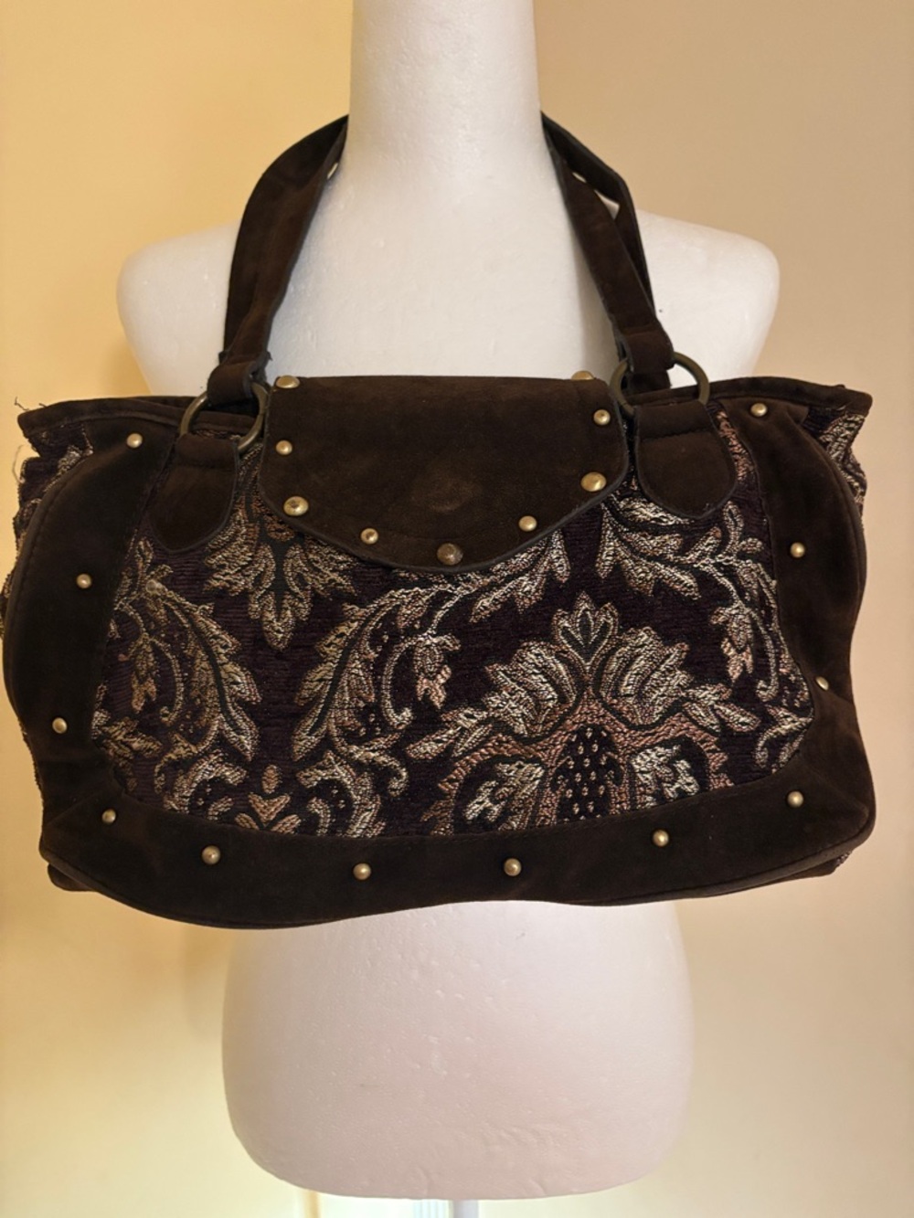 Suede & Tapestry Floral Shoulder Bag in Dark Brown